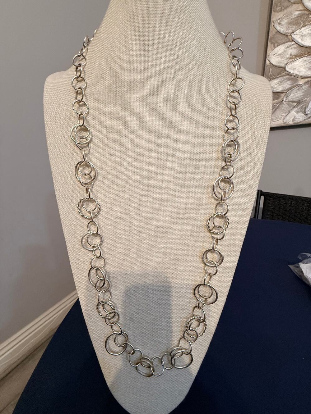 Vintage 36” Silver Tone Mixed Circle Link Necklace
